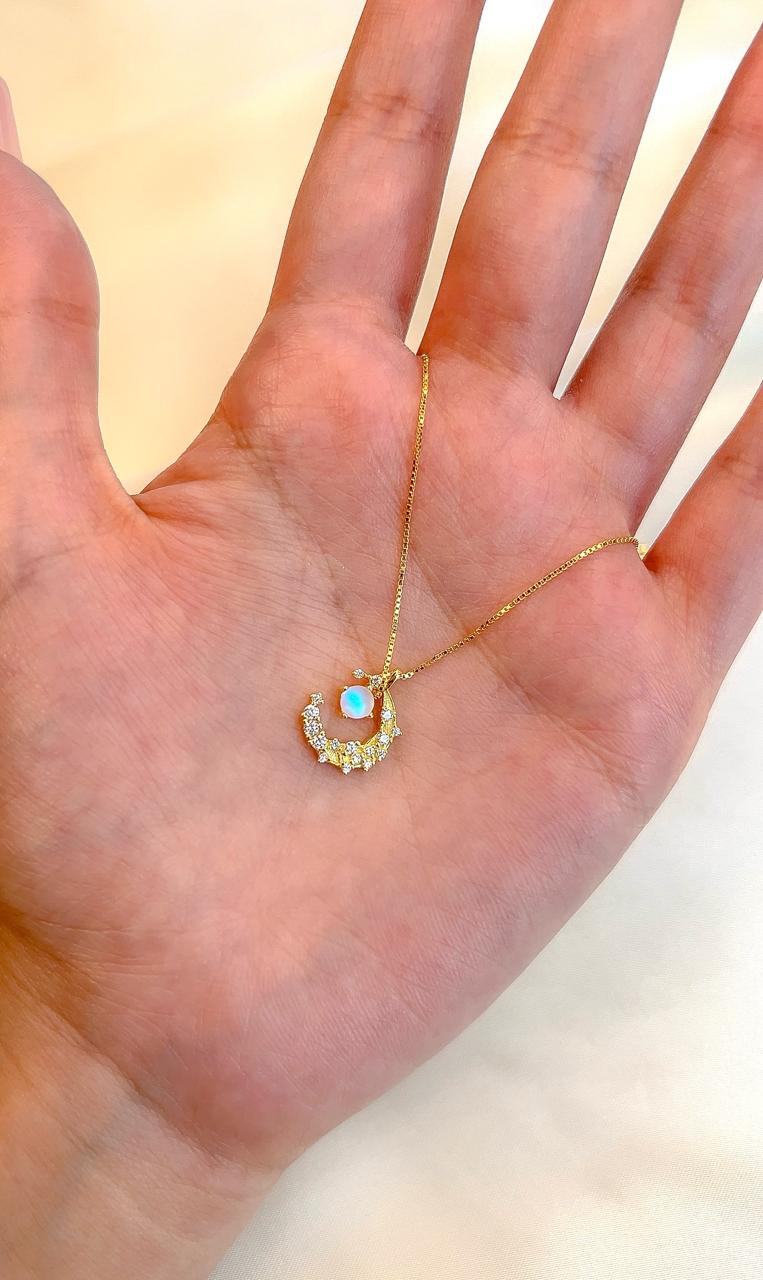 “Queen of the Night” Opal Crescent Moon 18k Gold Plated Necklace