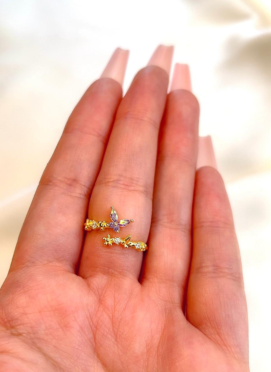 "GlassWing" Multi-hued Butterfly CZ 18k Gold Plated Adjustable Ring