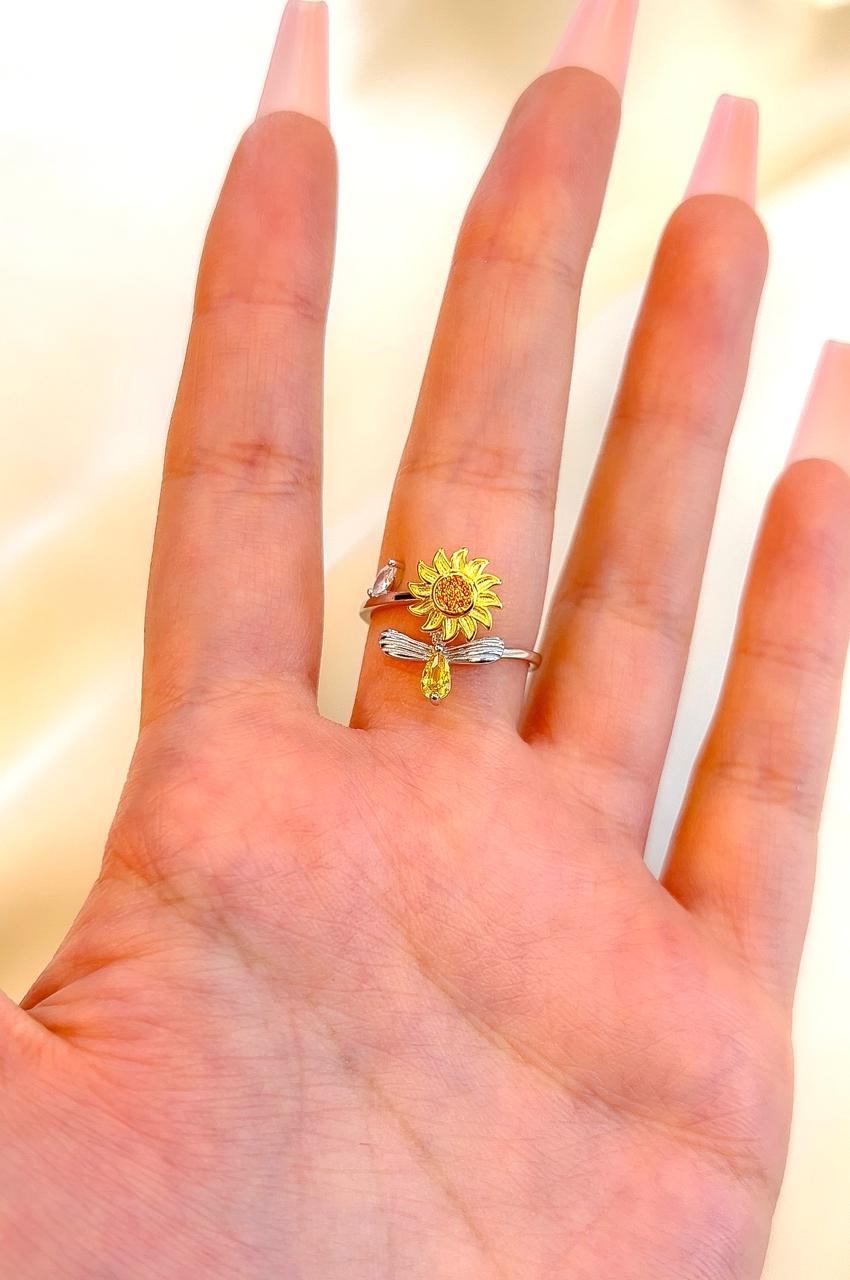 "Sunflower" Citrine CZ Silver Plated Rotating Adjustable Ring